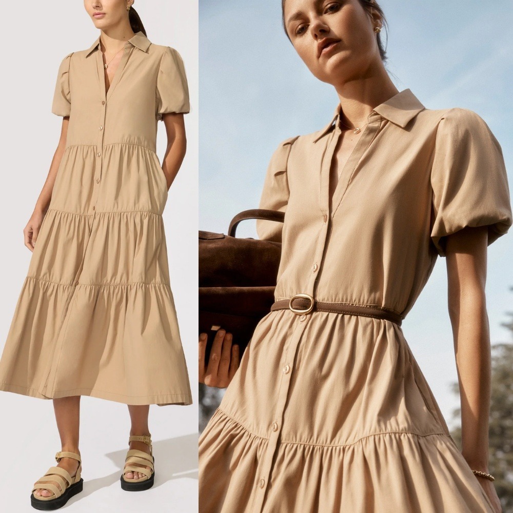 Brochu Walker The Havana Dress‎ Medium Sahara Tan Tiered Midi Shirtdress